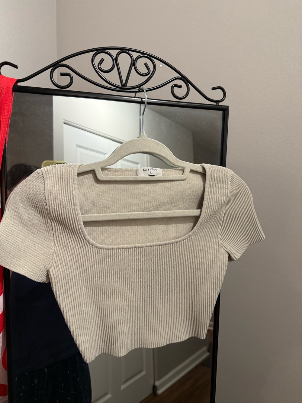 Babaton Beige Ribbed Square-Neck Crop Top